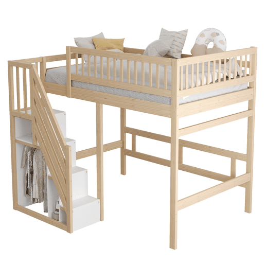 Cama alta em madeira maciça 140x200 - com escada, armário de arrumação e grade alta, cama para crianças e jovens - cor natural