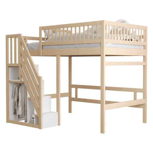 Cama alta em madeira maciça 140x200 - com escada, armário de arrumação e grade alta, cama para crianças e jovens - cor natural