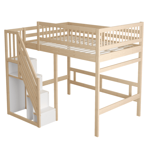 Cama alta em madeira maciça 140x200 - com escada, armário de arrumação e grade alta, cama para crianças e jovens - cor natural