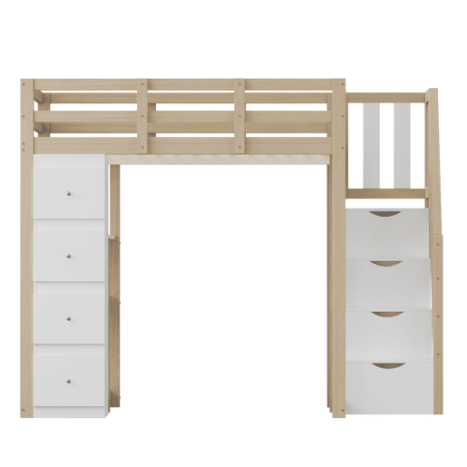 Cama alta 140 x 200 cm - madeira maciça multifuncional com gavetas, cómoda com prateleiras e escada segura - natural