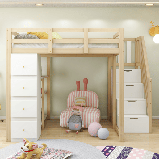 Cama alta 140 x 200 cm - madeira maciça multifuncional com gavetas, cómoda com prateleiras e escada segura - natural