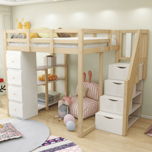Cama alta 140 x 200 cm - madeira maciça multifuncional com gavetas, cómoda com prateleiras e escada segura - natural