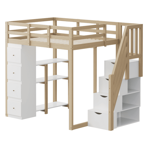 Cama alta 140 x 200 cm - madeira maciça multifuncional com gavetas, cómoda com prateleiras e escada segura - natural