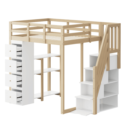 Cama alta 140 x 200 cm - madeira maciça multifuncional com gavetas, cómoda com prateleiras e escada segura - natural