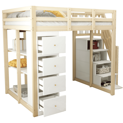 Cama alta 140 x 200 cm - madeira maciça multifuncional com gavetas, cómoda com prateleiras e escada segura - natural