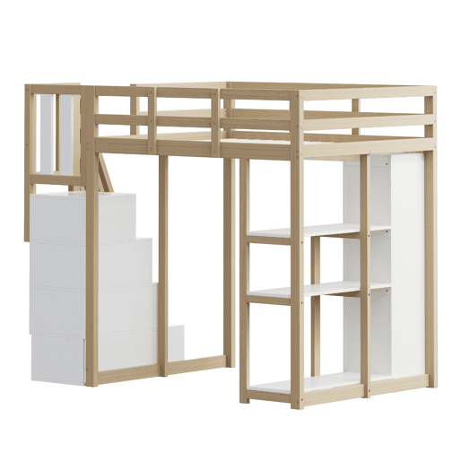 Cama alta 140 x 200 cm - madeira maciça multifuncional com gavetas, cómoda com prateleiras e escada segura - natural