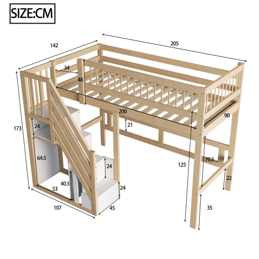 Cama alta em madeira maciça 90x200 - com escada e armário de arrumação, cama individual para crianças e jovens - cor natural Cama alta em madeira maciça 90x200 - com escada e armário de arrumação, cama individual para crianças e jovens - cor natural