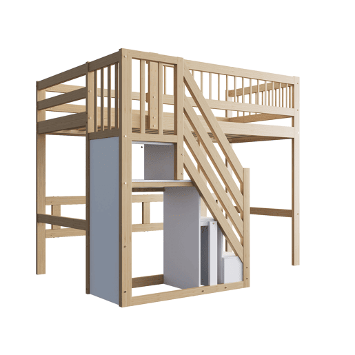 Cama alta em madeira maciça 90x200 - com escada e armário de arrumação, cama individual para crianças e jovens - cor natural Cama alta em madeira maciça 90x200 - com escada e armário de arrumação, cama individual para crianças e jovens - cor natural