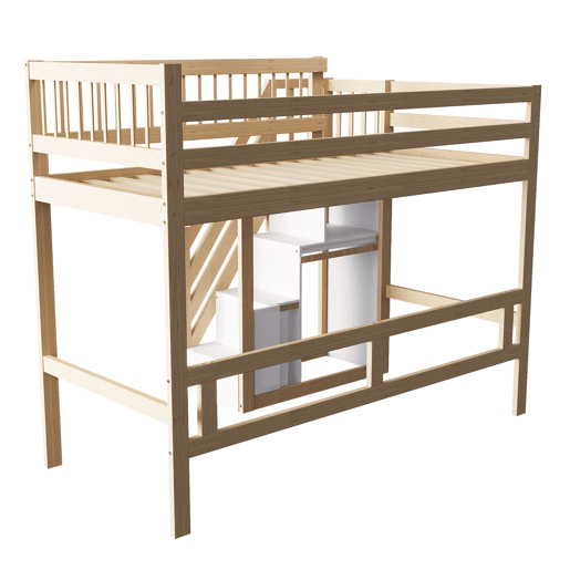 Cama alta em madeira maciça 90x200 - com escada e armário de arrumação, cama individual para crianças e jovens - cor natural Cama alta em madeira maciça 90x200 - com escada e armário de arrumação, cama individual para crianças e jovens - cor natural