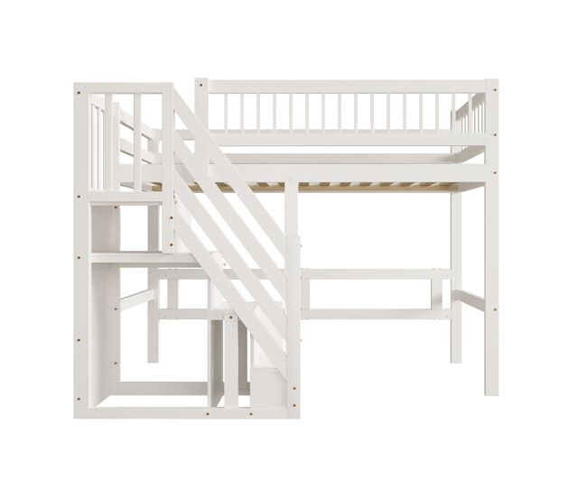 Cama alta de madera maciza 90x200 - con escalera y armario de almacenamiento, cama individual para niños y jóvenes - blanco