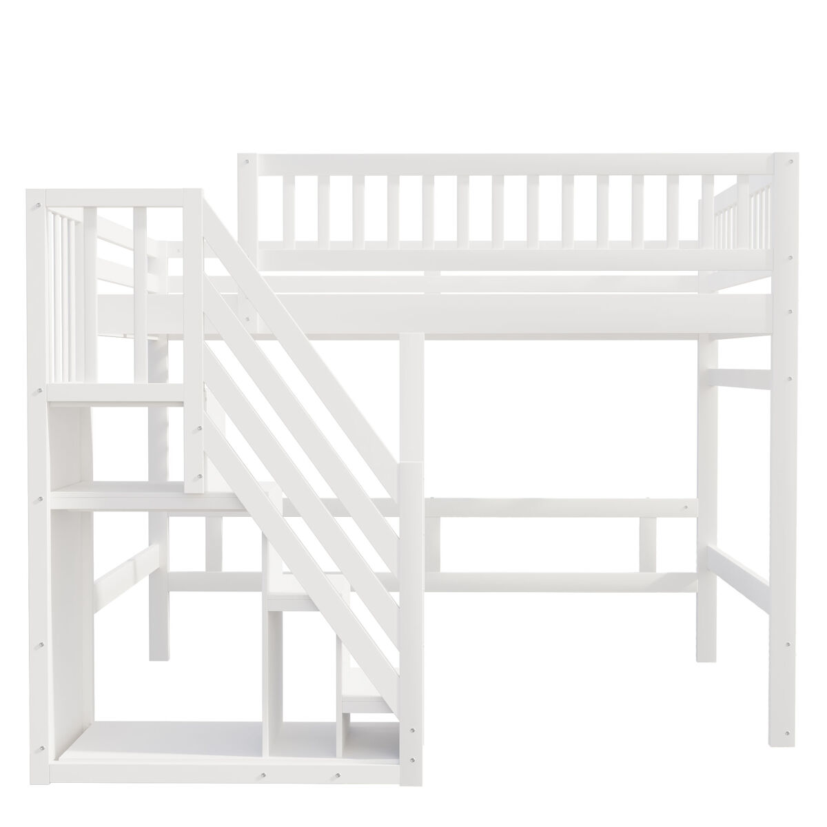 Cama alta de madera maciza 140x200 - con escalera, armario de almacenamiento y barandilla alta, cama para niños y jóvenes - blanco