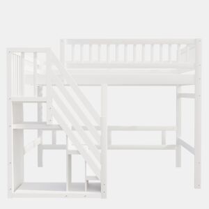 Cama alta em madeira maciça 140x200 - com escada, armário de arrumação e grade alta, cama para crianças e jovens - branco