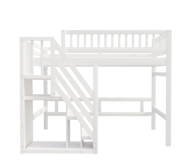 Cama alta de madera maciza 140x200 - con escalera, armario de almacenamiento y barandilla alta, cama para niños y jóvenes - blanco