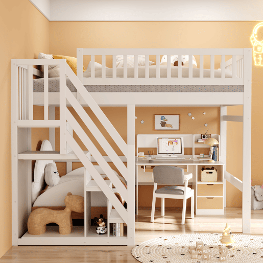 Cama alta em madeira maciça 140x200 - com escada, armário de arrumação e grade alta, cama para crianças e jovens - branco