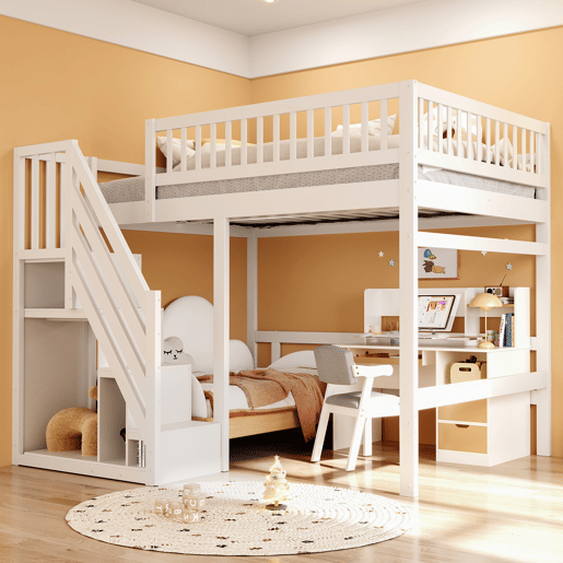 Cama alta em madeira maciça 140x200 - com escada, armário de arrumação e grade alta, cama para crianças e jovens - branco