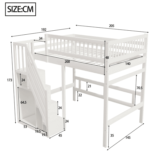 Cama alta em madeira maciça 140x200 - com escada, armário de arrumação e grade alta, cama para crianças e jovens - branco