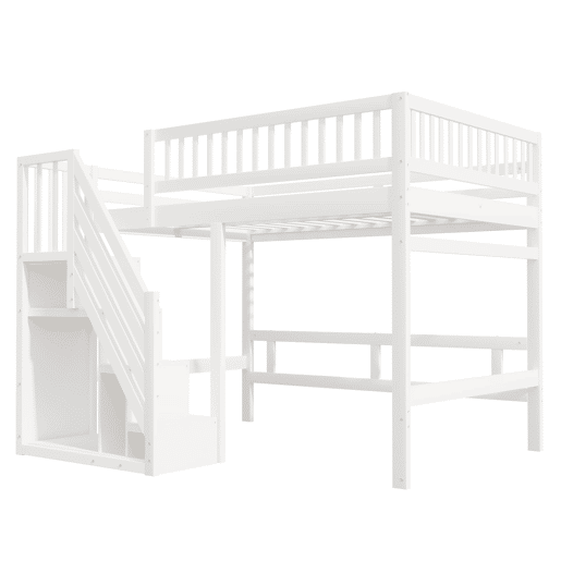 Cama alta em madeira maciça 140x200 - com escada, armário de arrumação e grade alta, cama para crianças e jovens - branco