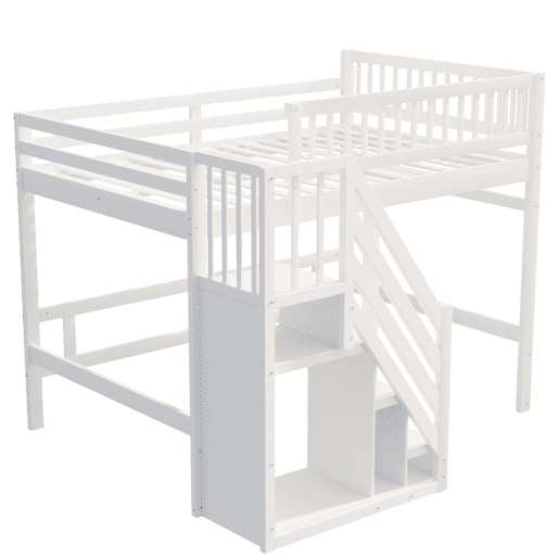 Cama alta em madeira maciça 140x200 - com escada, armário de arrumação e grade alta, cama para crianças e jovens - branco