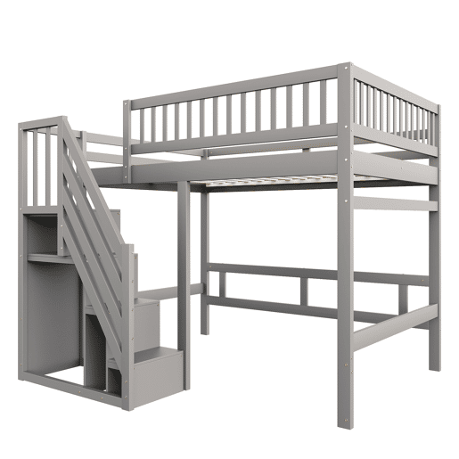 Cama alta em madeira maciça 140x200 - com escada, armário de arrumação e grade alta, cama para crianças e jovens - cinzenta Cama alta em madeira maciça 140x200 - com escada, armário de arrumação e grade alta, cama para crianças e jovens - cinzenta