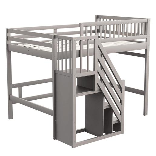 Cama alta em madeira maciça 140x200 - com escada, armário de arrumação e grade alta, cama para crianças e jovens - cinzenta Cama alta em madeira maciça 140x200 - com escada, armário de arrumação e grade alta, cama para crianças e jovens - cinzenta
