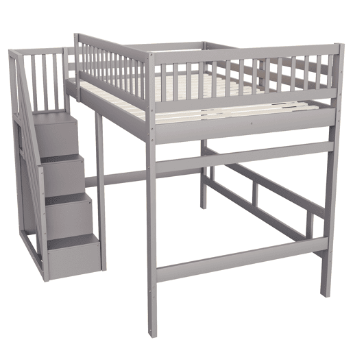 Cama alta em madeira maciça 140x200 - com escada, armário de arrumação e grade alta, cama para crianças e jovens - cinzenta Cama alta em madeira maciça 140x200 - com escada, armário de arrumação e grade alta, cama para crianças e jovens - cinzenta