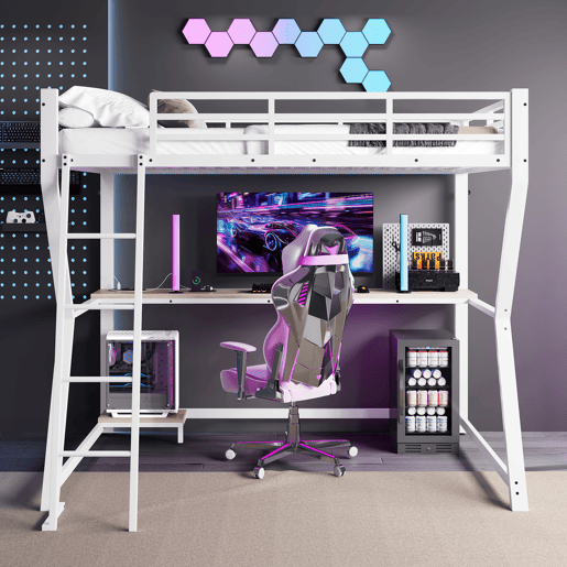 Cama alta 90x200cm - Com LED, secretária, tomada USB, prateleira para consola, escada, sem colchão - Branco
