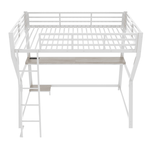 Cama alta 90x200cm - Com LED, secretária, tomada USB, prateleira para consola, escada, sem colchão - Branco
