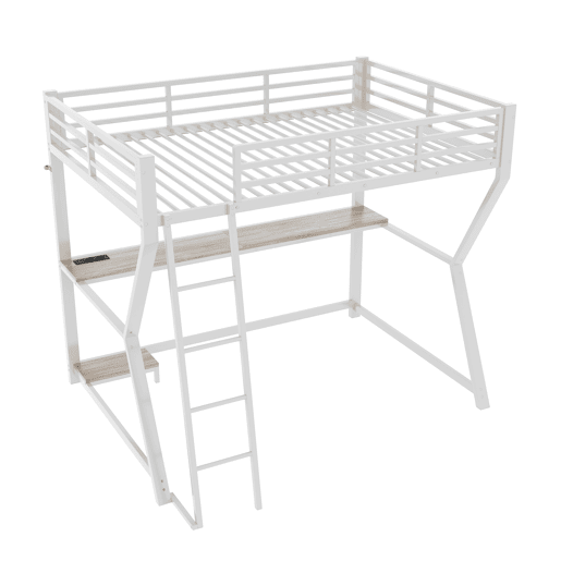 Cama alta 90x200cm - Com LED, secretária, tomada USB, prateleira para consola, escada, sem colchão - Branco