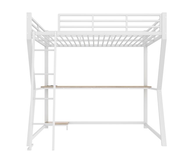 Cama alta 140x200 cm - luces led, soporte para consola, escritorio, enchufe y usb, barandilla, escalera, sin colchón - blanco