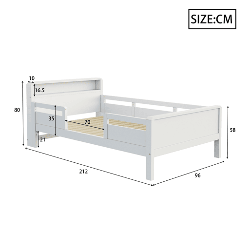 Cama de madeira 90 x 200 cm - porta USB e Tipo-C, luz LED pequena, cabeceira com prateleiras, cama individual multifuncional - pinho branco