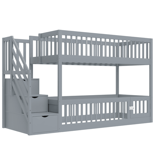 Beliches 90x200 - com escada de segurança e gavetas, cama individual com arrumação - cinzento