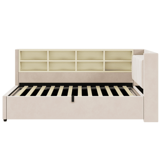 Sofá-cama estofado 90 x 200 cm - canapé hidráulico, luz noturna, portas USB e Tipo-C, prateleiras e arrumação, cabeceira acolchoada - veludo bege