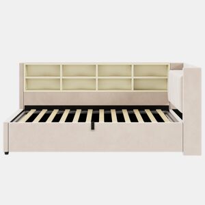 Sofá-cama estofado 90 x 200 cm - canapé hidráulico, luz noturna, portas USB e Tipo-C, prateleiras e arrumação, cabeceira acolchoada - veludo bege