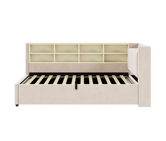 Sofá cama tapizado 90 x 200 cm - canapé hidráulico, luz nocturna, puertos usb y tipo-c, estantes y almacenamiento, cabecero acolchado - terciopelo