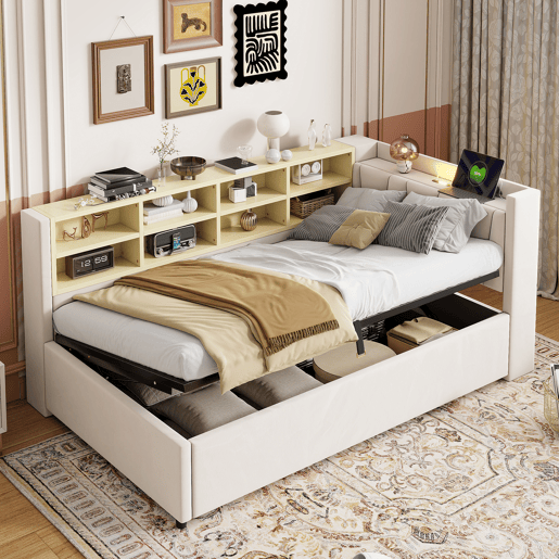 Sofá-cama estofado 90 x 200 cm - canapé hidráulico, luz noturna, portas USB e Tipo-C, prateleiras e arrumação, cabeceira acolchoada - veludo bege