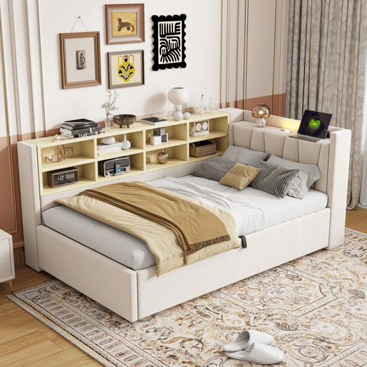 Sofá-cama estofado 90 x 200 cm - canapé hidráulico, luz noturna, portas USB e Tipo-C, prateleiras e arrumação, cabeceira acolchoada - veludo bege