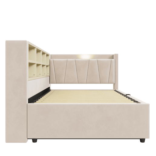 Sofá-cama estofado 90 x 200 cm - canapé hidráulico, luz noturna, portas USB e Tipo-C, prateleiras e arrumação, cabeceira acolchoada - veludo bege