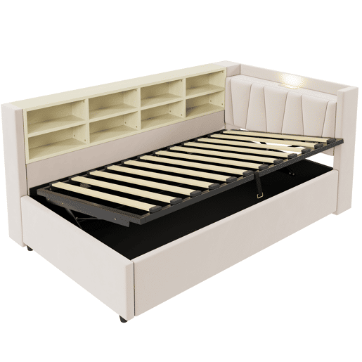Sofá-cama estofado 90 x 200 cm - canapé hidráulico, luz noturna, portas USB e Tipo-C, prateleiras e arrumação, cabeceira acolchoada - veludo bege