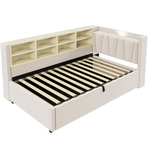 Sofá-cama estofado 90 x 200 cm - canapé hidráulico, luz noturna, portas USB e Tipo-C, prateleiras e arrumação, cabeceira acolchoada - veludo bege