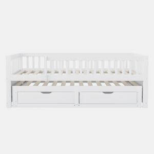 Sofá-cama em madeira maciça 90 x 200 cm - grade de segurança completa, cama extensível com 2 gavetas e estrado - branco