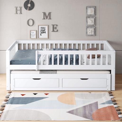 Sofá-cama em madeira maciça 90 x 200 cm - grade de segurança completa, cama extensível com 2 gavetas e estrado - branco