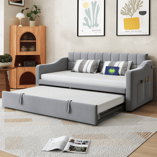Sofá-cama estofado 90x180x190 cm - 2 em 1 multifuncional com tecido de veludo, tomada e bolsa de armazenamento - cinza claro