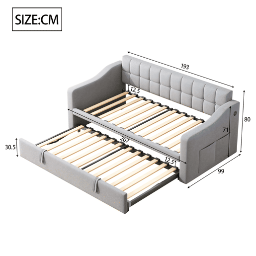 Sofá-cama estofado 90x180x190 cm - 2 em 1 multifuncional com tecido de veludo, tomada e bolsa de armazenamento - cinza claro