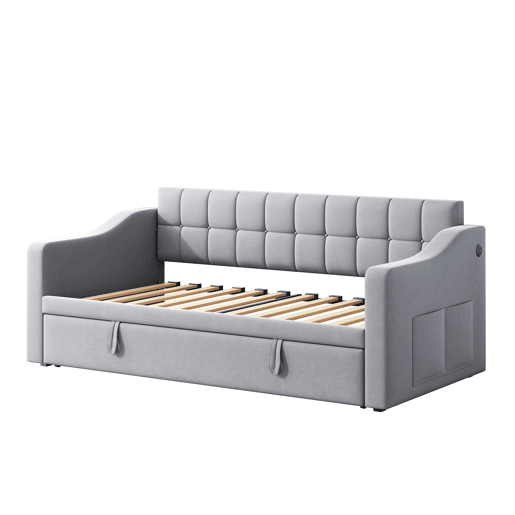 Sofá-cama estofado 90x180x190 cm - 2 em 1 multifuncional com tecido de veludo, tomada e bolsa de armazenamento - cinza claro