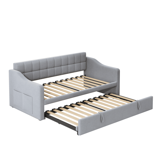 Sofá-cama estofado 90x180x190 cm - 2 em 1 multifuncional com tecido de veludo, tomada e bolsa de armazenamento - cinza claro