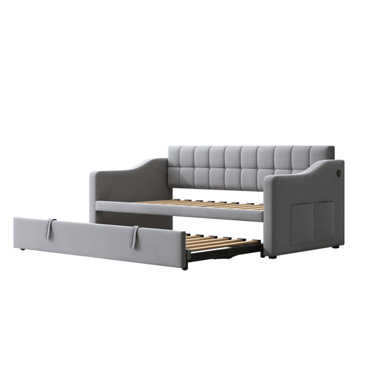 Sofá-cama estofado 90x180x190 cm - 2 em 1 multifuncional com tecido de veludo, tomada e bolsa de armazenamento - cinza claro