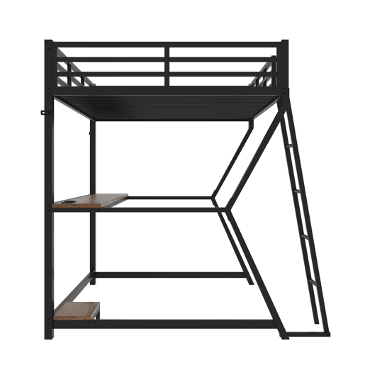 Cama alta 90x200cm - Com luzes LED, prateleira para consola, secretária, tomada + USB, grade, escada, sem colchão - Preto