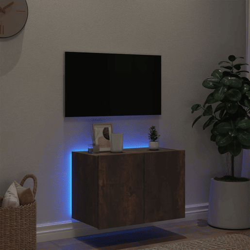 Móvel de parede p TV - Armário de TV c luzes LED 60x35x41 cm carvalho fumado