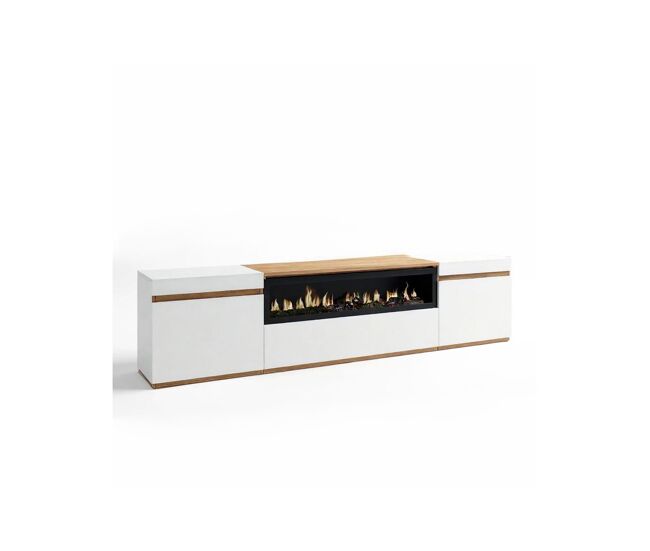 Mueble TV con chimenea integrada en blanco y roble arena 203 cm Kavos Up Blanco - Roble Arena 203 x 45 x 34,6 cm