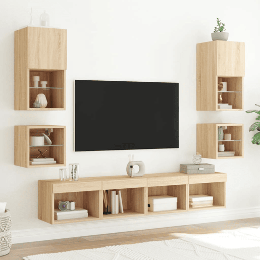 Móvel de parede p TV - Armário de TV c luzes LED 30x28,5x30cm carvalho sonoma